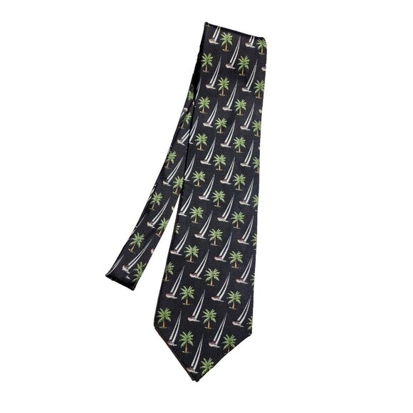 Pre-owned TROPICALS by TANGO Black Palm Trees Sailboats Silk Mens Tie - Picture 2 of 8